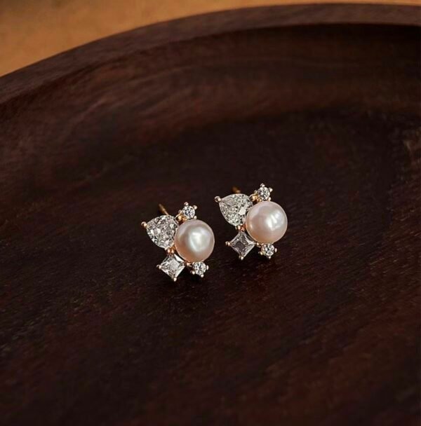 Minimalist Natural Freshwater Pearl Earrings, Elegant Zircon Studs with 18K Gold Plating, Fashion & Light Luxury Style