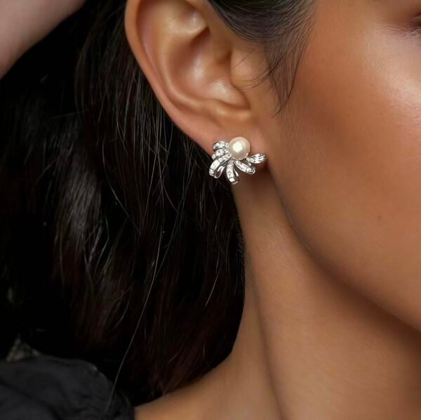 Platinum-Plated Natural Pearl Studs, French Ribbon Bow Zircon Earrings, Light Luxury & Sophisticated Women’s Jewelry