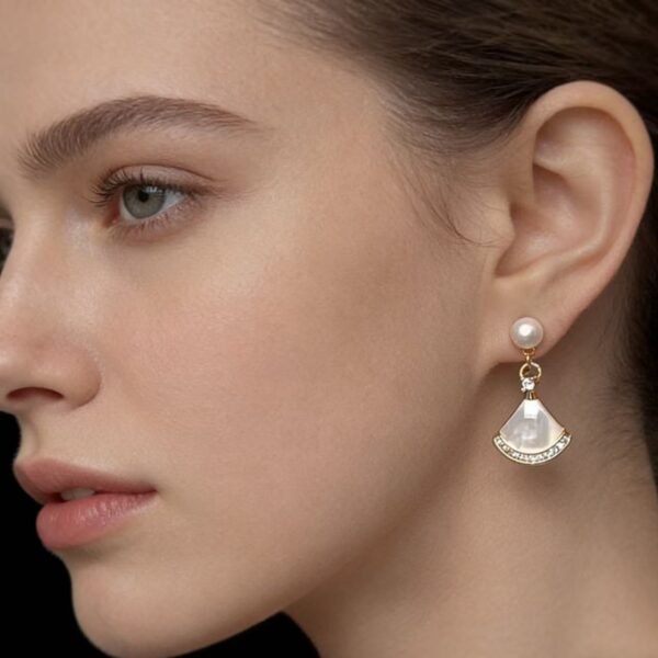 18K Gold-Plated Freshwater Pearl Studs, French Light Luxury Fan-Shaped White Mother-of-Pearl Earrings with Sophisticated Appeal