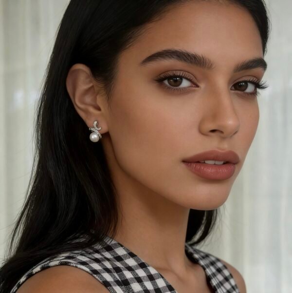 Women's Natural Freshwater Pearl Stud Earrings, S925 Silver Posts with Zircons, Unique Stylish Sparkling Streamlined Earrings