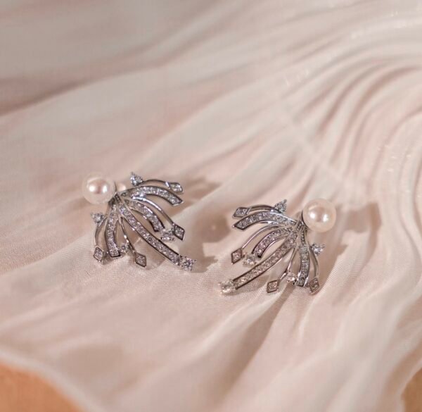 Natural Freshwater Pearl Stud Earrings, Exquisite Zircon Firework Design Pearl Earrings  Brides Bridesmaids